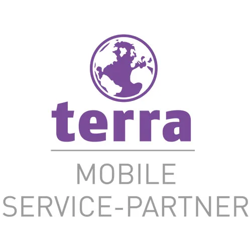 Abbildung: Logo des Herstellers TERRA von der Wortmann AG. Über dem Schriftzug ‚terra‘ ist ein lila Globus mit Kontinenten zu sehen. Darunter in grauer Schrift: ‚Mobile Service-Partner‘. Die 3B-IT GmbH aus Berlin ist langjähriger Partner der Wortmann AG und zertifizierter TERRA Mobile Service-Partner. Notebooks der Marke TERRA werden bei Bedarf in der hauseigenen Werkstatt nach Herstellervorgaben repariert.